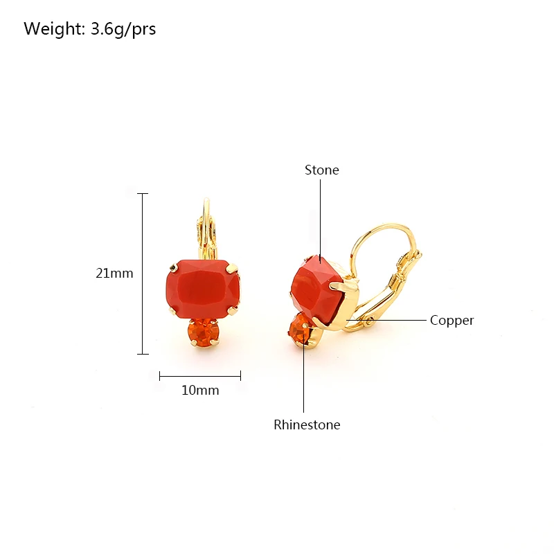 Charm Fashion Gold Jewelry Classic Women Cute Gift Rectangle Multi Color Sliced Stone Clip Claw Rhinestone French Clip Earrings