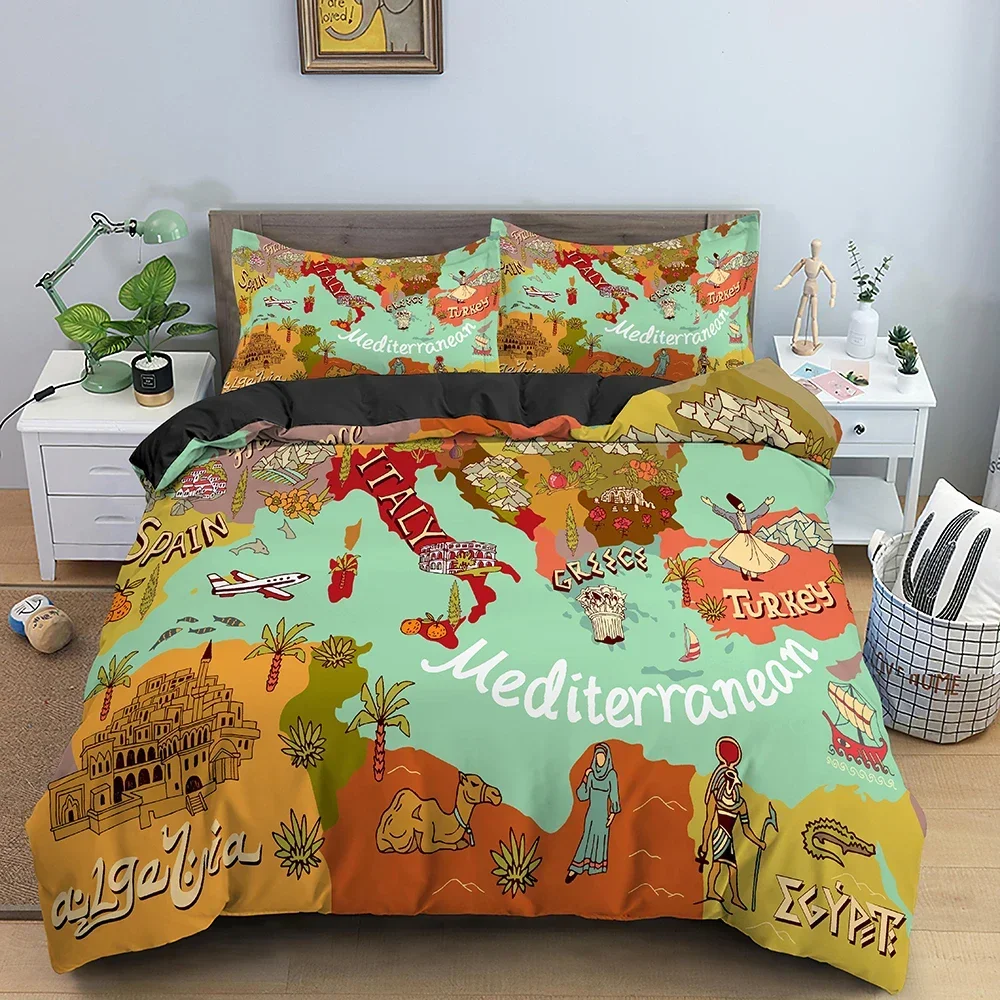 3D Mediterranean Map Bedding Set Luxury Duvet Cover Vintage Sailboat Adventure Bedclothes King Double Twin Single 2/3Pcs