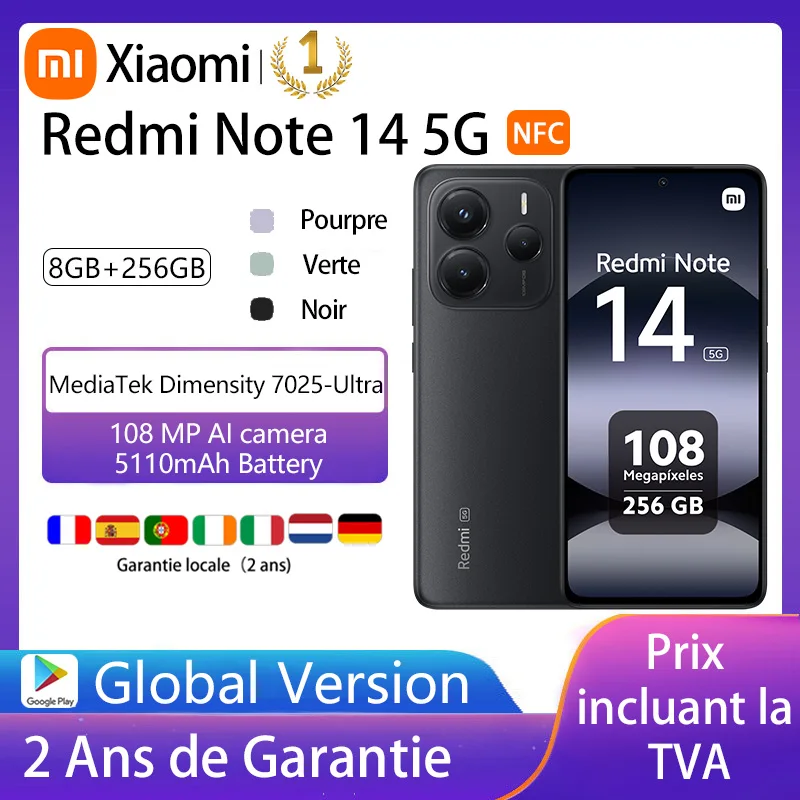 Xiaomi Redmi Note 14 5G, NFC, smartphone, MediaTek Dimensity 7025-Ultra, screen AMOLED, inches, 120Hz, Al 108 MP camera system with OlS，Charger Not Included