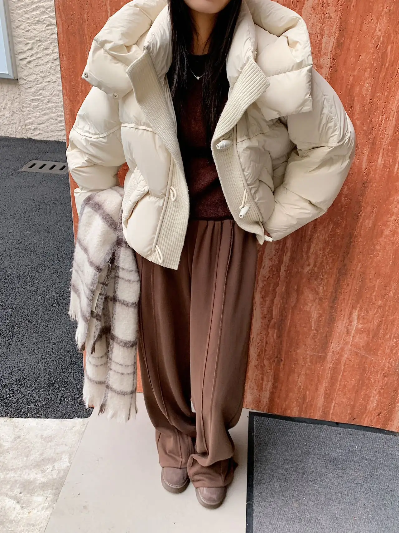 2025 Winter New Women's Down Jacket Commuter Hoodie Knitted Splicing Single Breasted White Duck Down Jacket