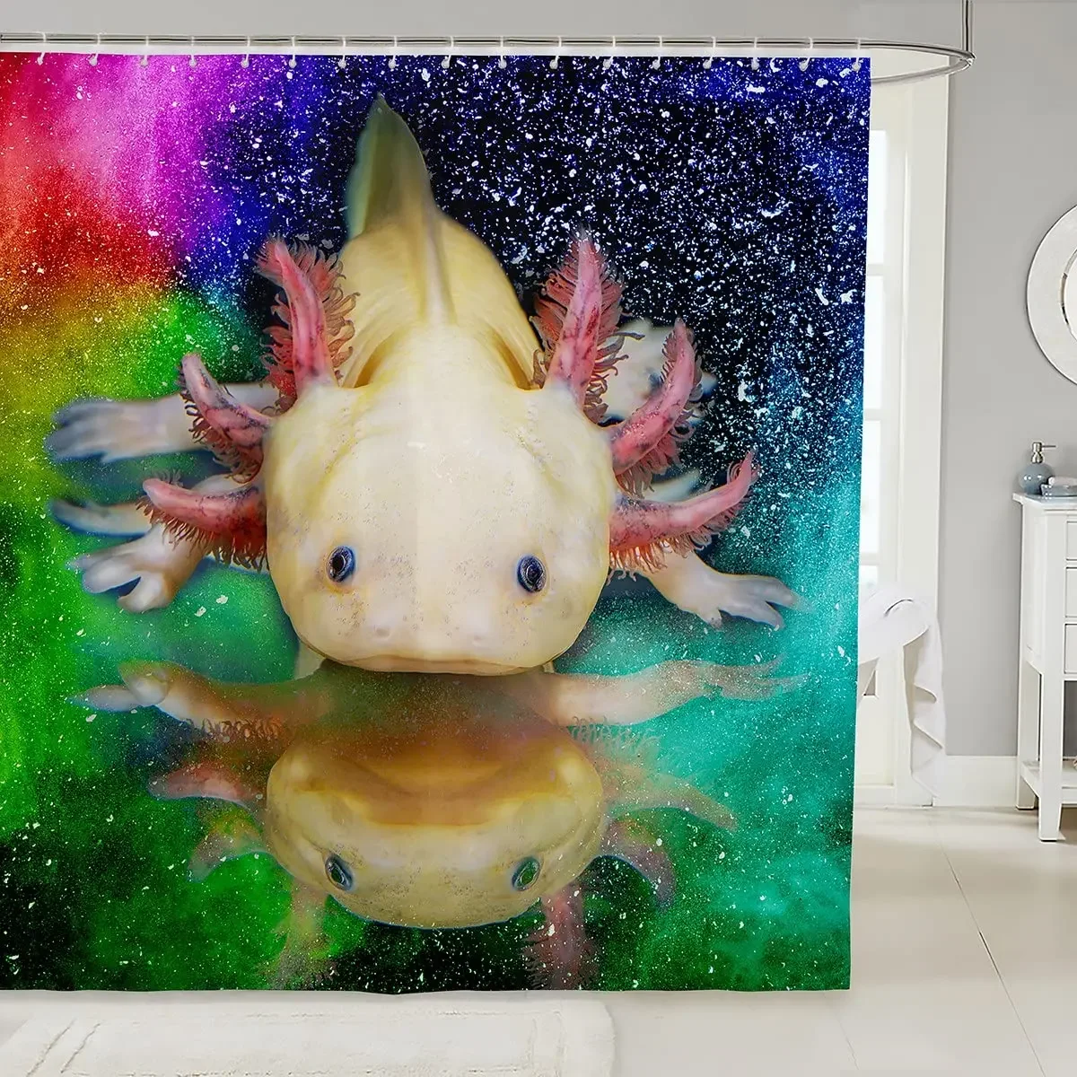 Cute Axolotl Shower Curtain for Girl Boy,3D Rainbow Axolotls Batrhroom Curtains Sea Wildlife Animals Reptile Bathtub Curtain Set