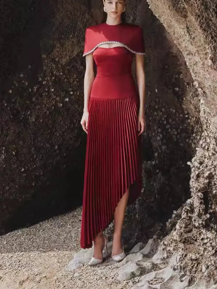 BJTZ 2025 겨울 투피스 케이프렛 비즈 플리츠 이브닝 드레스 디자이너 우아한 편안함 미니멀리스트 럭셔리 프리미엄