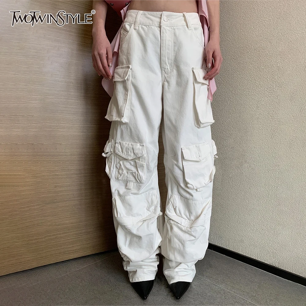 TWOTWINSTYLE Solid Patchwork Pockets Designer Pants For Women High Waist Spliced Button Minimalist Wide Leg Pant Female Fashion