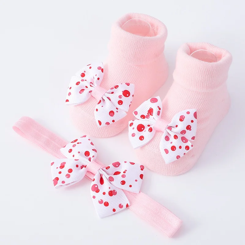 

New Baby Socks Set Girls Cute Dot Bow Princess Style Short Socks with Headband Infant Soft Breathable Non-Slip Indoor Floor Sock