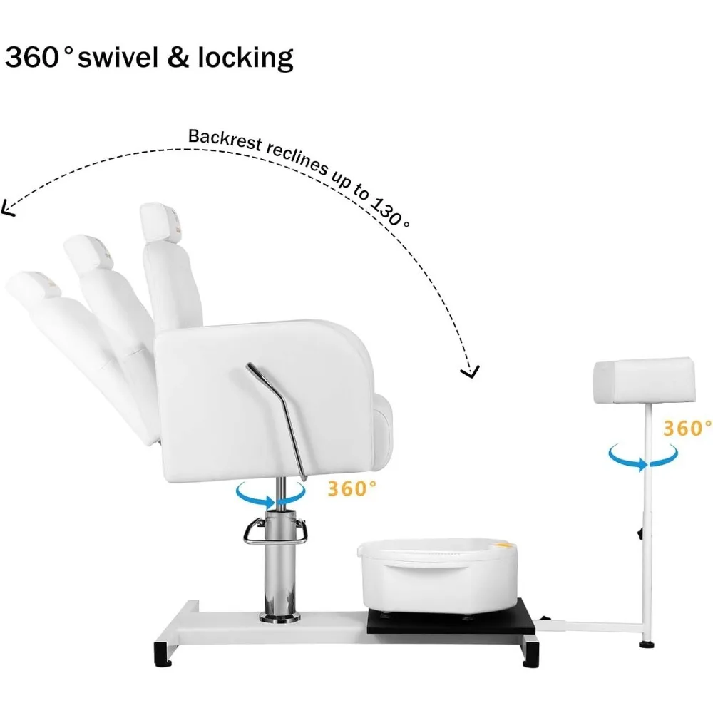 발 마사지 대야 및 스툴 포함 리클라이닝 페디큐어 의자, 유압식 조절식 페디큐어 의자 스테이션, 360 ° 회전 미용실