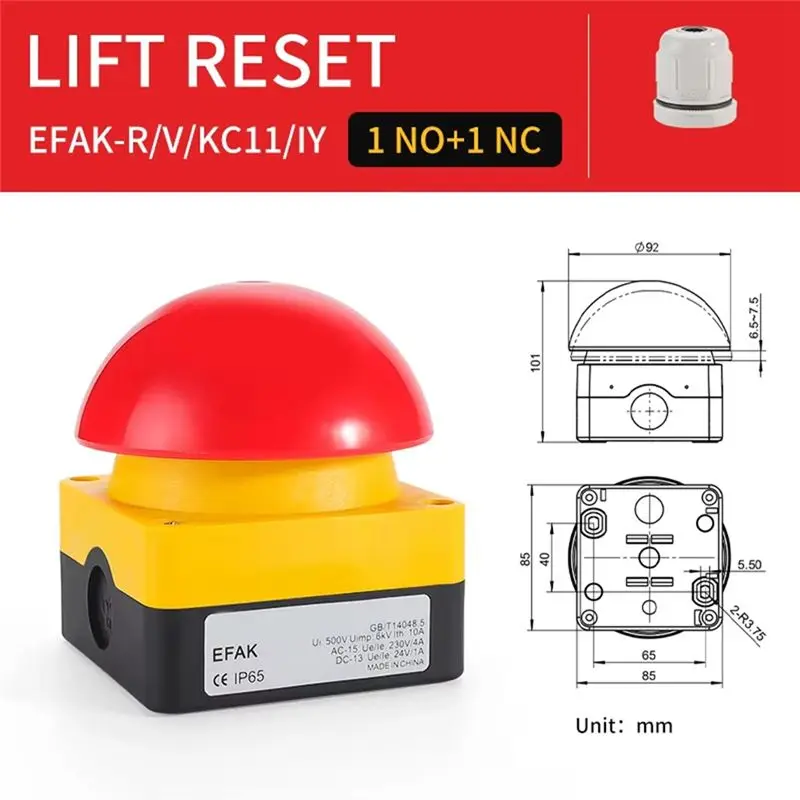 DT19 IP65 Emergency Stop Push Button Switch Mushroom Head, Self-Locking Self-Resetting Hand/Foot Switch Anti-Run