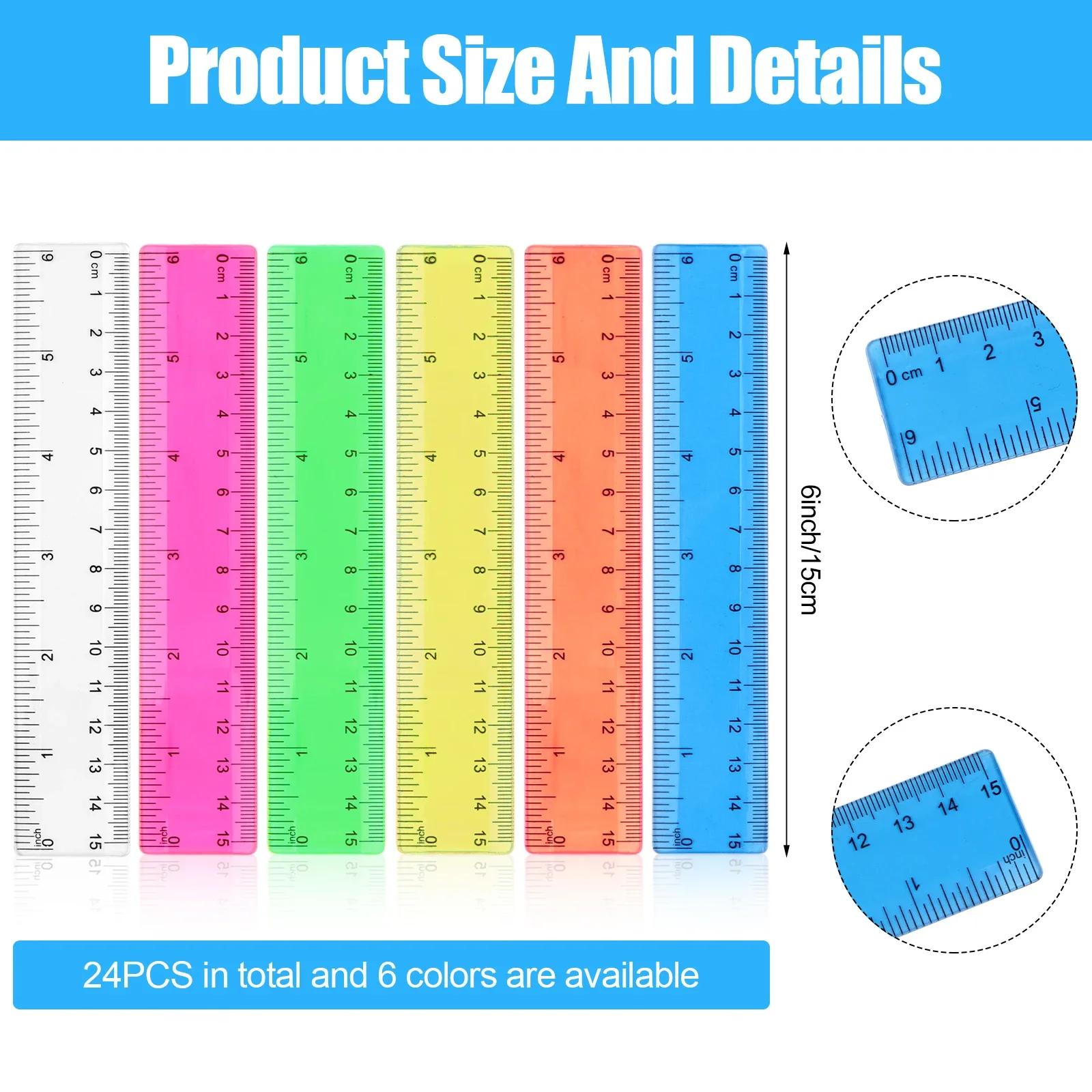 24PCS Colorful Ruler Clear Plastic Rulers Clear Assorted Kids Measuring Straight Ruler With Inches Centimeters Millimeter Bulk B
