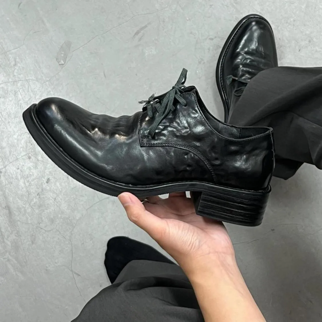 Pointed Toe Outdoor Leather Shoes Spring Cover Heels Loafers Black Lace-up Men Shoes Fashion Design Shoes