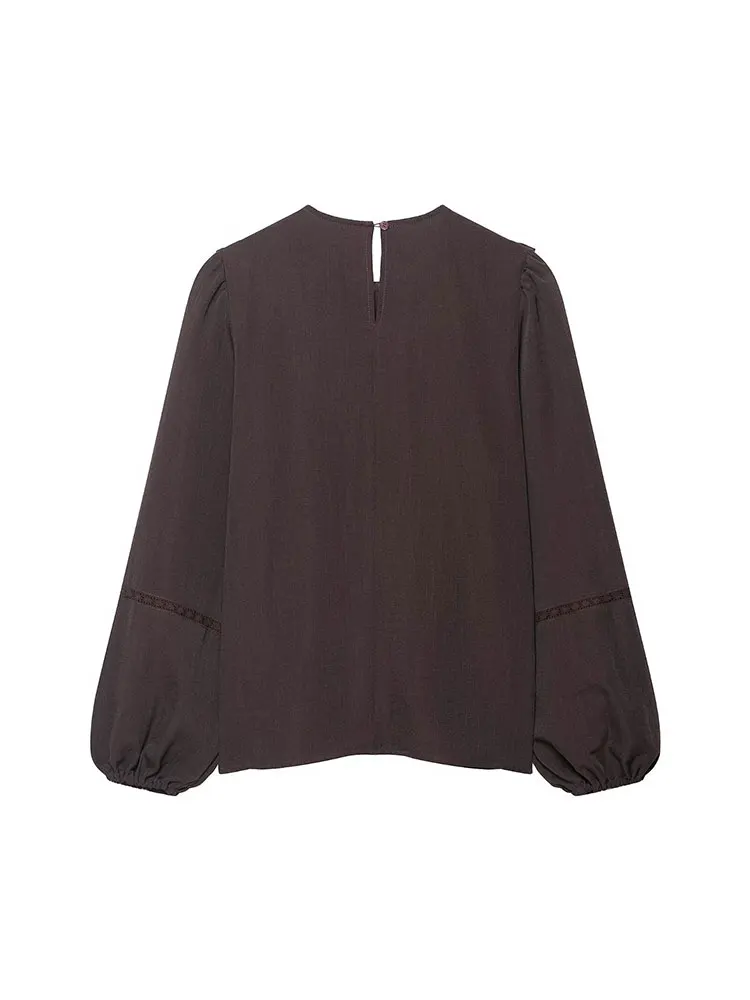 Nlzgmsj blusa elegante topo moda flor bordado blusas para mulher babados manga longa blusa feminina novas camisas sólidas