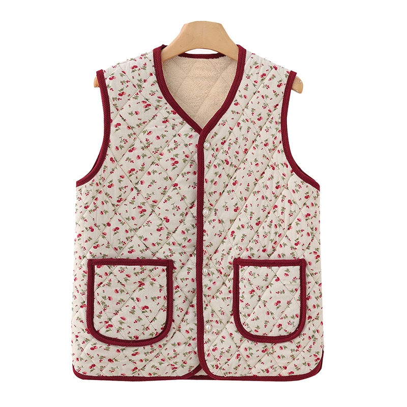 سترة دافئة جديدة مبطنة بالصوف للنساء في منتصف العمر والشتاء سترة ماترني من ألياف البوليستر مطبوعة للخريف والشتاء