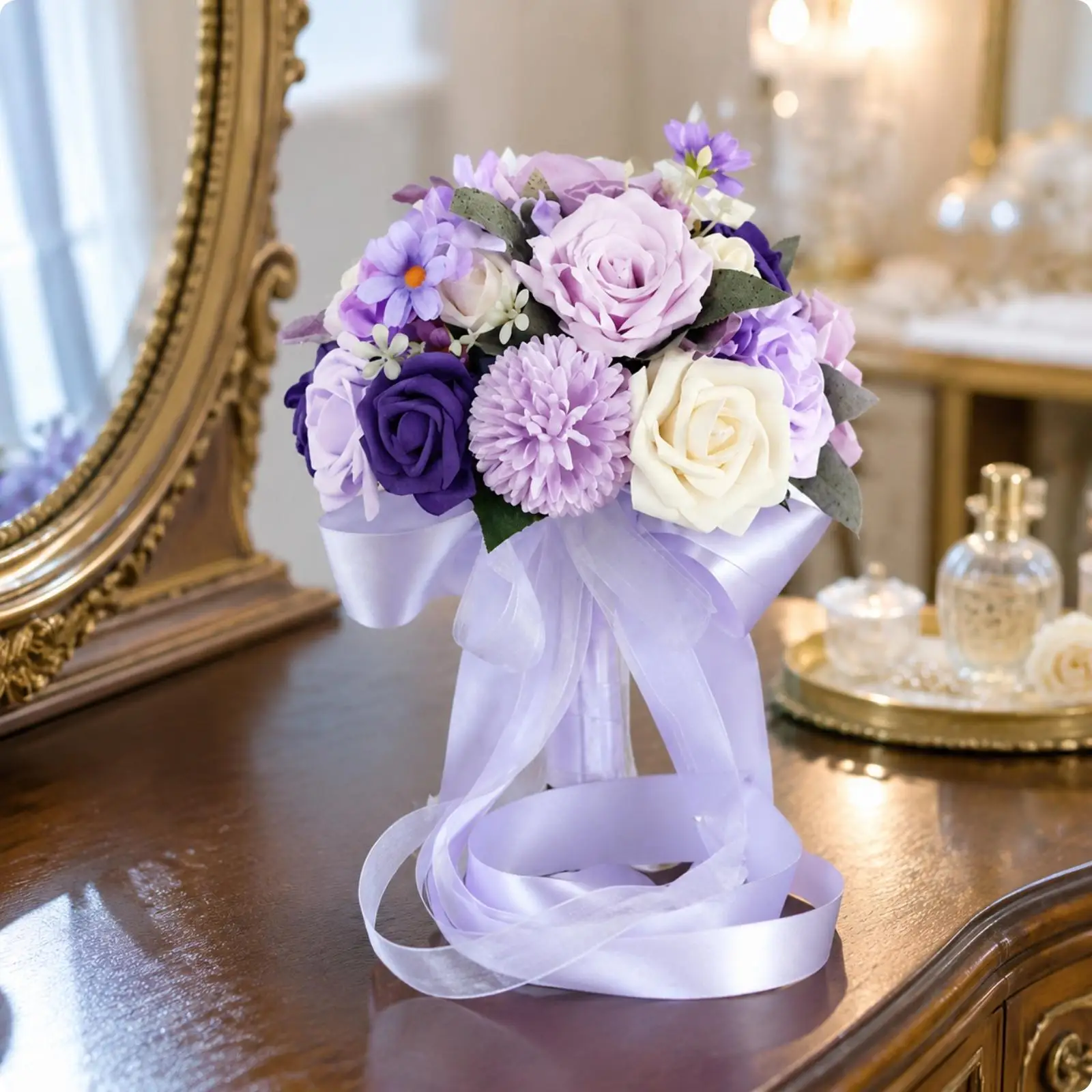 Bridal Bouquet Silk Flower for Wedding Ceremony Lilac Lavender Cream Color Round Design with Trailing Ribbons Reusable Decor