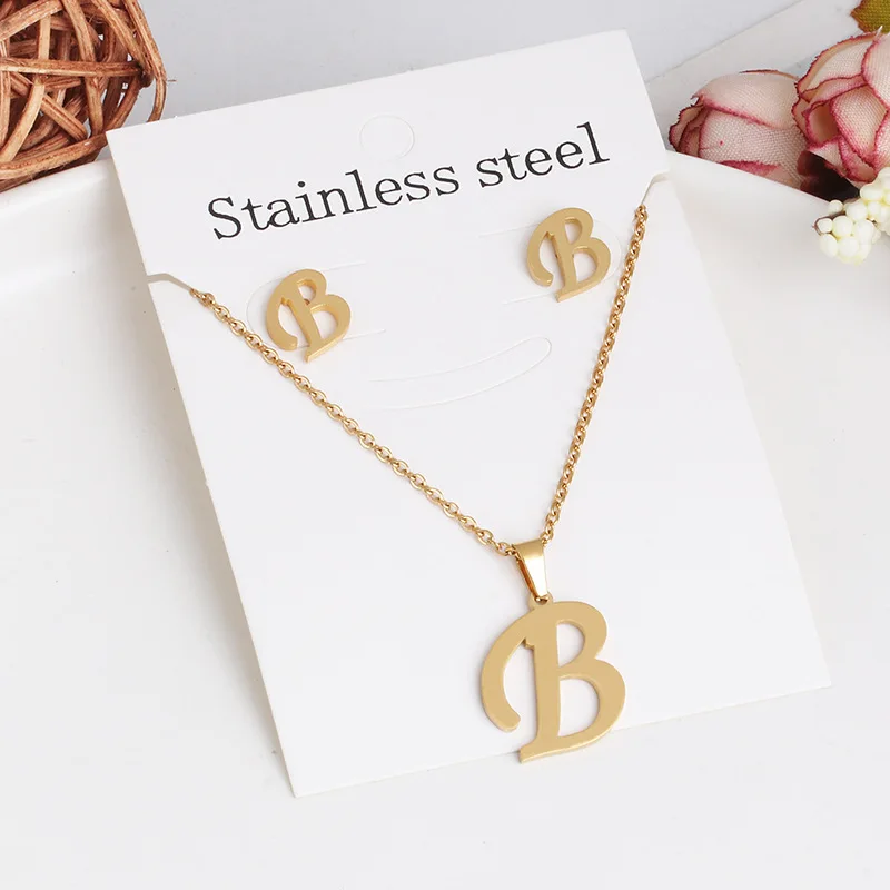 Charm Stainless Steel 26 Letter Initial Pendant Necklace for Women Chain Stud Earring Jewelry Set Name Alphabet Choker Gift