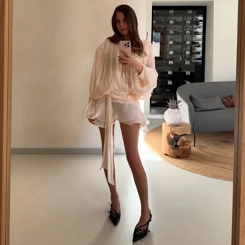 Printkaair feminino em camadas babados hem rendas até mini vestido moda manga longa queimado cintura alta a linha vestidos senhora vestido de férias