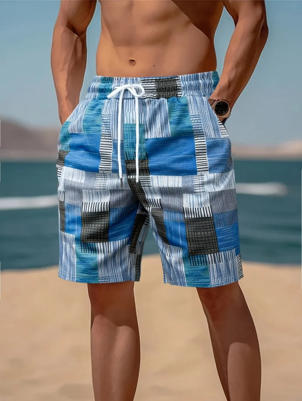 Vintage Herren 3D-Druck Freizeitshorts Quadratische Bunte Karierte Kurze Hosen Lässige Sport-Übergrößen-Schwimm-Gym-Herren-Sommerkleidung – Detail 4