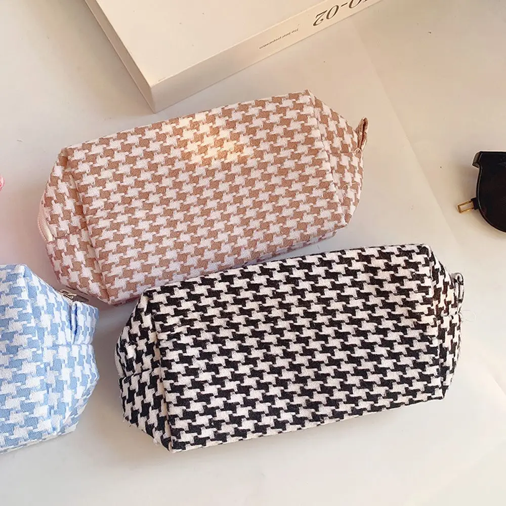 Draagbare Meisjes Handtas Houndstooth Grote Capaciteit Plaid Make-Up Tas Waszak Opbergtas Cosmetische Organizer