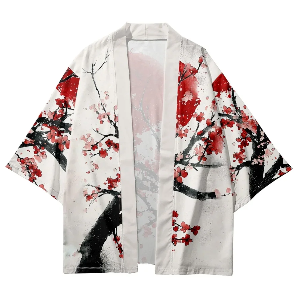 

Japanese style sakura Print white Haori Clothes Fashion Casual Cardigan Kimono 2025 Summer Beach Shirt Women Yukata
