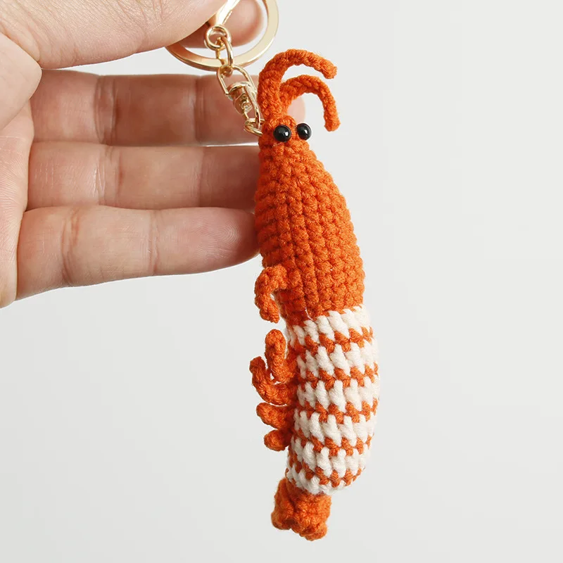 Llaveros con dije de camarón bonito, Mini llavero de coche tejido a mano con dibujos animados, mochila encantadora, bolso, colgante, llavero para pareja