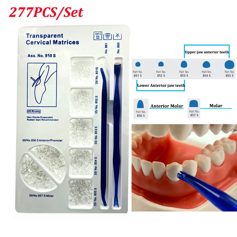 277Pcs/set Dental Shaped Tablets Matrix Matrices No.850S Transparent Dentist Tool Set Include Hand-Held Separator Tool Dentistry