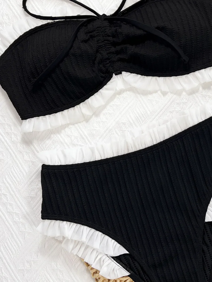Traje de baño Bandeau con volantes para mujer, Bikini de cintura alta, traje de baño para mujer, conjunto de Bikini de dos piezas, traje de baño arrugado para nadar para mujer