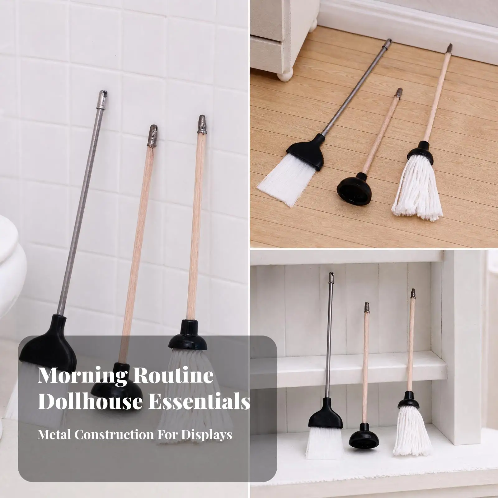 Tiny Bathroom Cleaning Kit Dollhouse Mini Broom Brush Plunger Set Realistic Detail Props for 1 12 Scale Diorama Hobby Decor