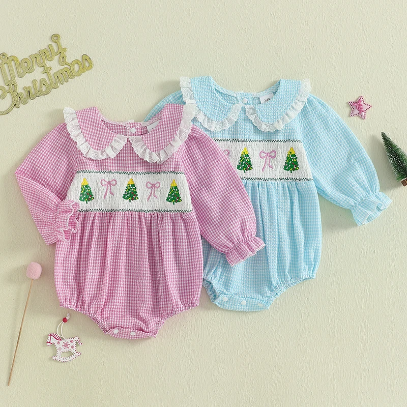 

SUNSIOM 0-18 Months Baby Girls Spring Fall Romper Plaid Print Bow Embroidery Long Sleeve Doll Collar Jumpsuit