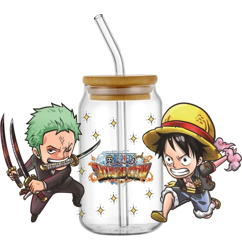 Miniso one piece friends luffy and zoro pattern UV DTF Wraps Transfer Sticker DIY For 16oz Libbey Glass Cup Waterproof Wrap