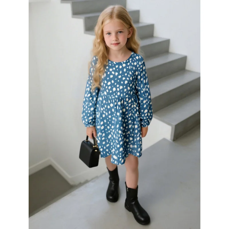 

Trendy Girls Long Sleeve Dress Blue White Dot Print A-Line Casual Elegant Kids Party Daily Outfit for Fall Spring