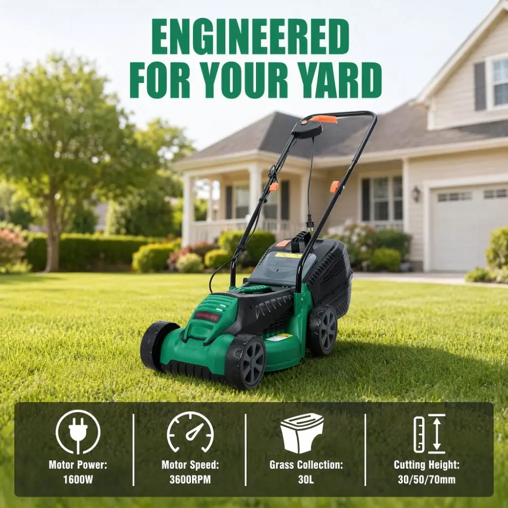 1600w Hand-Pushed Electric Lawn Mower Push-Style Powerful Electric Self-Propelled Lawn Mower Foldable Adjustable
