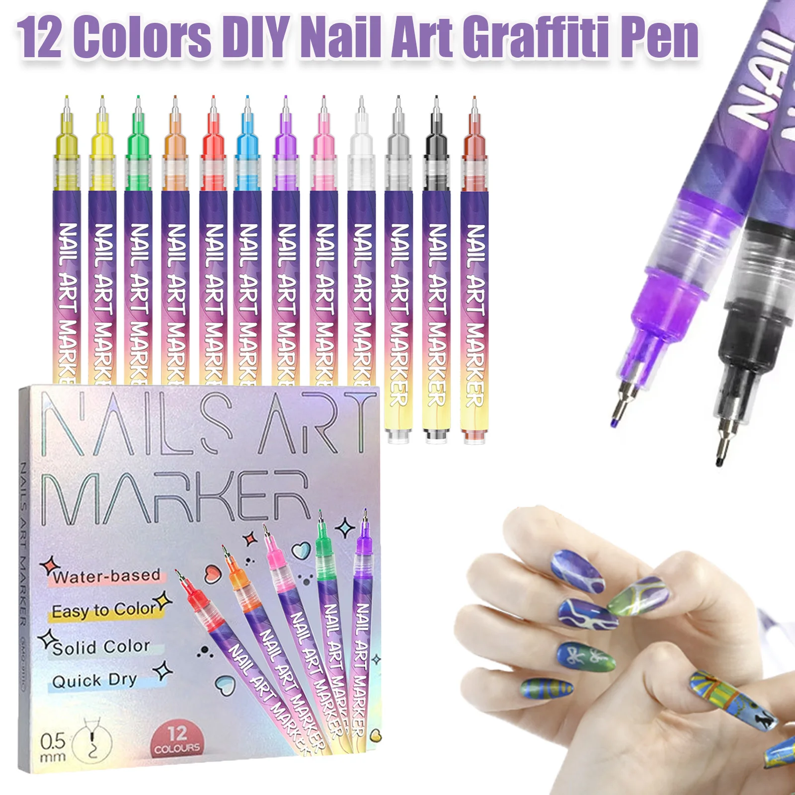 

12 шт./компл. акриловая ручка для граффити для ногтей, 12 цветов, маркер для ногтей, сделай сам, 3D ручка для рисования ногтей, абстрактные линии, маникюрный инструмент, лайнер для рисования