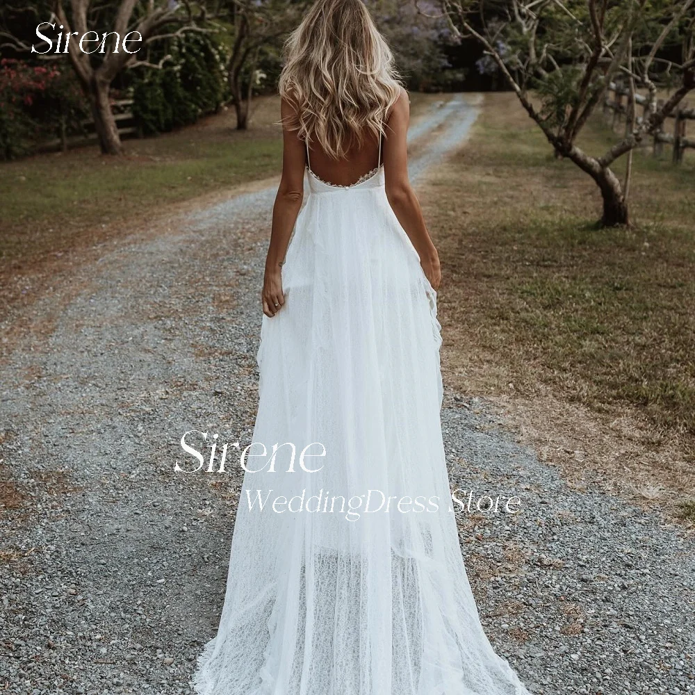 Sirene Lace Sexy High Side Slit Midi Bride Wedding Dresses Low-Cut V-Neck Spaghetti Straps A-Line Boho Bridal Gowns Vestidos