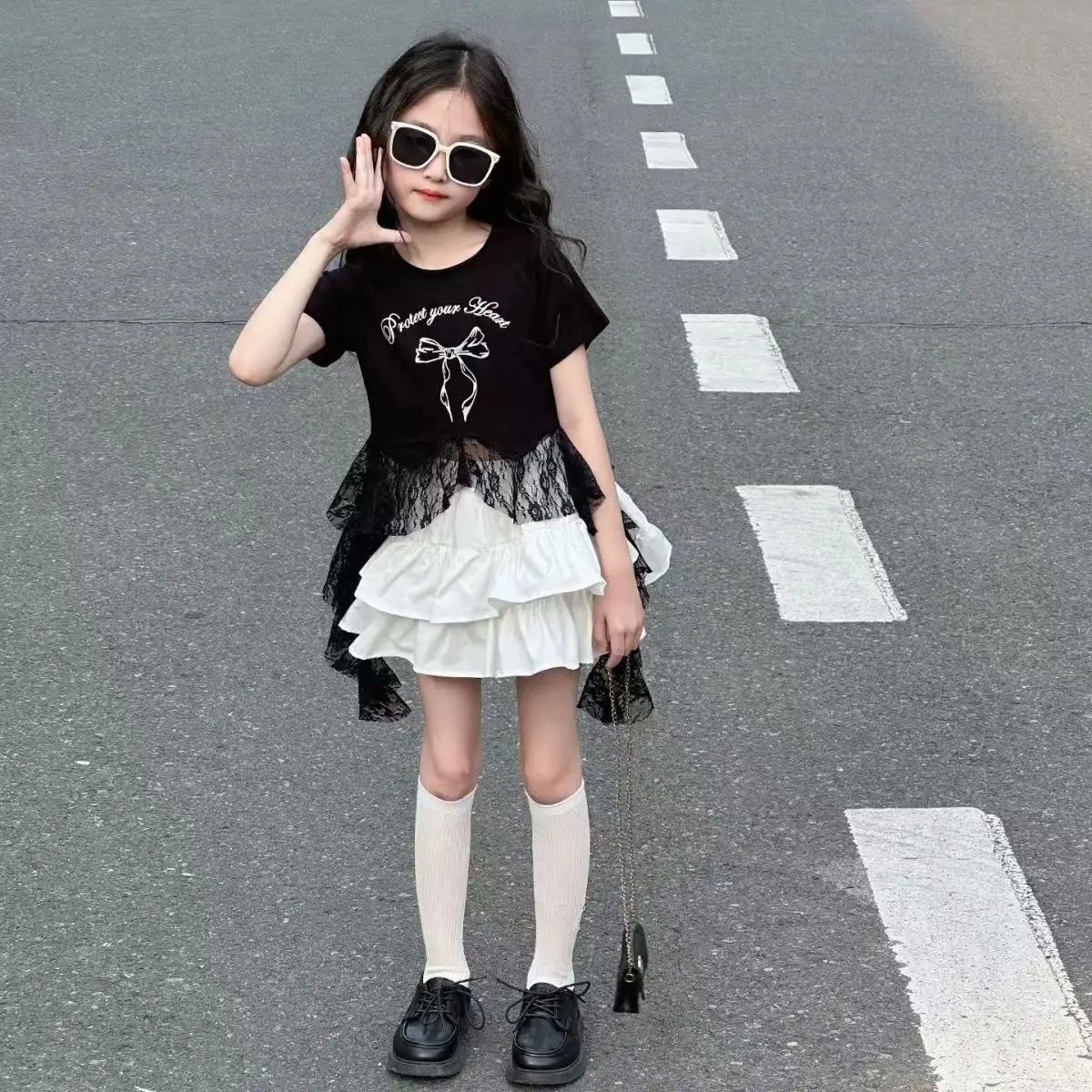 2-14 Years Girls Clothing Set Summer New Lace Splice Letter Bow Print Shirt+Tiered Skirt 2Pcs Suit For Teen Girls Stylish Outfit