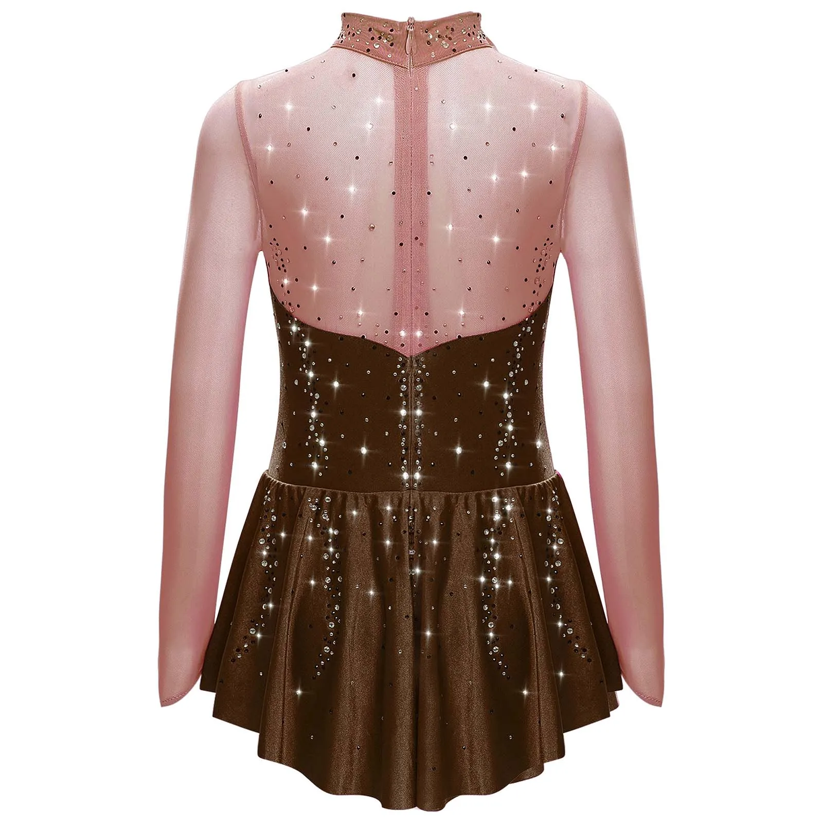 ชุดเดรสเต้นรำสำหรับเด็กผู้หญิง ประดับด้วยคริสตัลวิบวับ สำหรับยิมนาสติก ฟิกเกอร์สเก็ต บัลเลต์ แขนยาว ผ้าตาข่ายบางเบา ชุดเต้นรำแนวลิริคอล