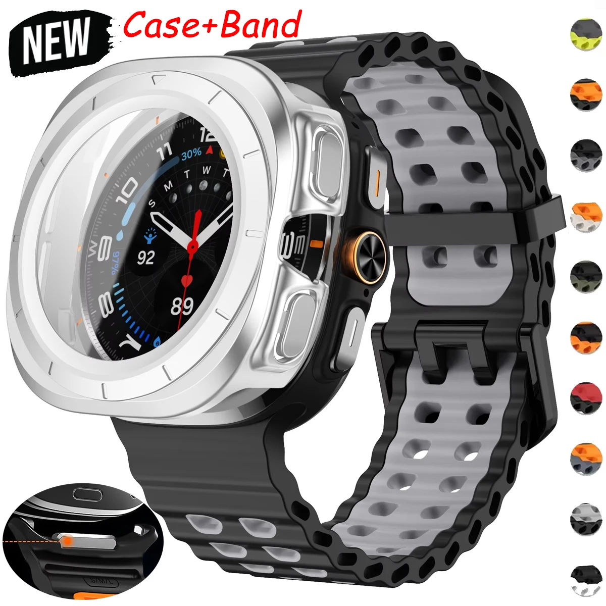 

Чехол + ремешок для Samsung Galaxy Watch 7 Ultra 47 мм, чехол из закаленного стекла, спортивный силиконовый двухцветный браслет Galaxy Watch Ultra7, корпус