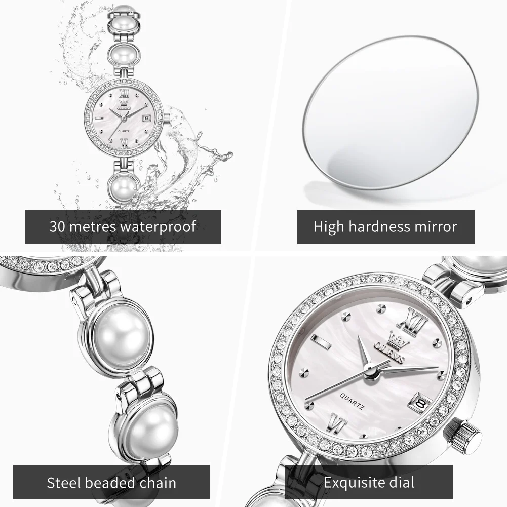 ساعات نسائية فاخرة من OLEVS بحزام لؤلؤ الماس وساعة كوارتز بتقويم مقاوم للماء ومجوهرات للسيدات ساعة يد أصلية