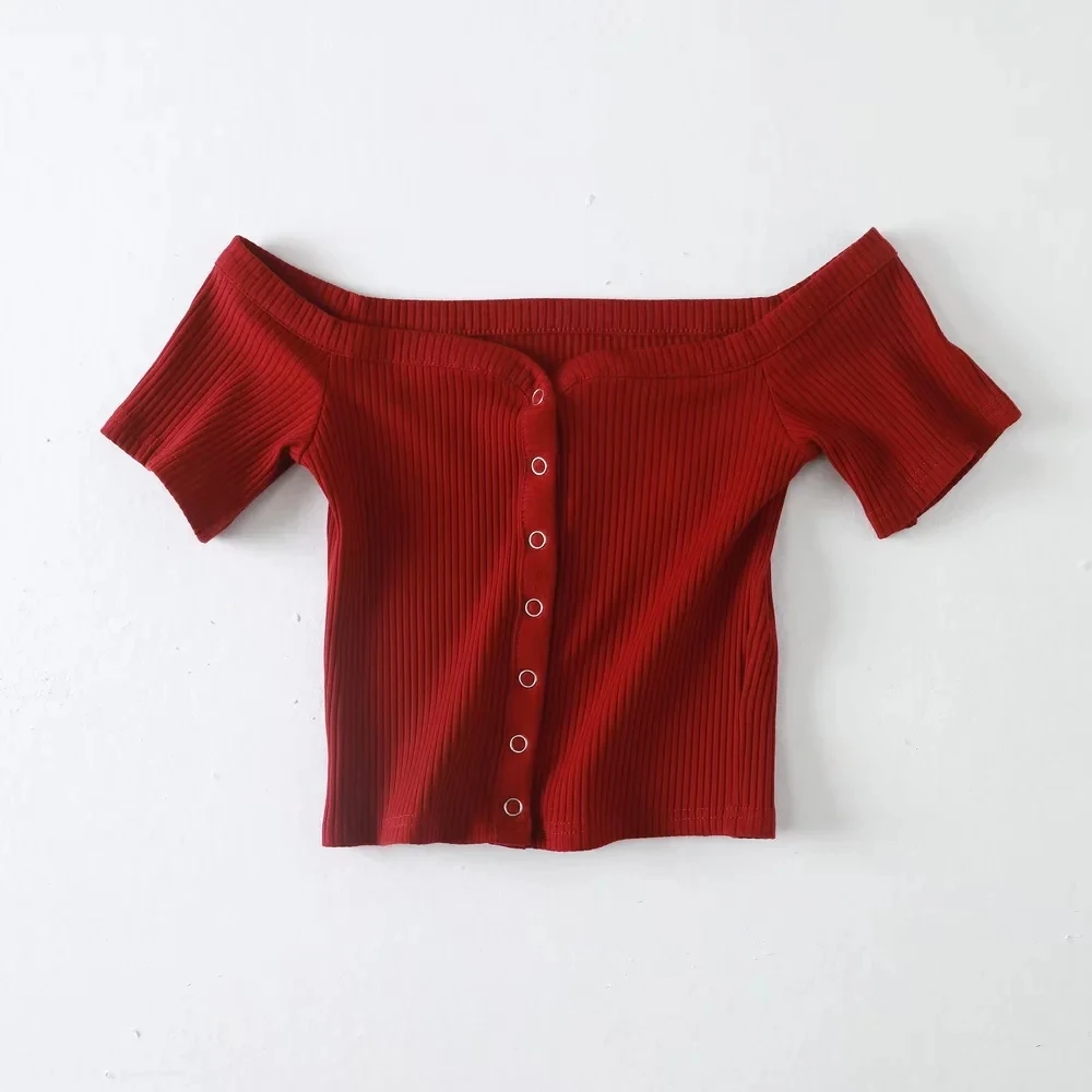 High Waist Short Sleeve T-Shirt Women's Elastic One-Shoulder Button-Up Cotton Top Youthful Commute Style Multi-Color Options