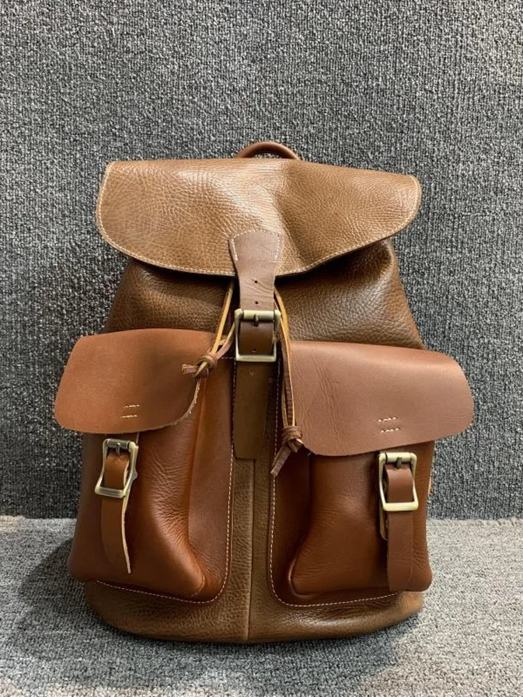 Borsa da viaggio Vintage da uomo di grande capacità Multi tasche zaino in vera pelle di vacchetta zaino Unisex a doppia spalla