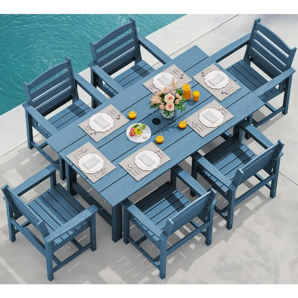 

7-Piece Patio Dining Table Sets, Outdoor HDPE Dining Furniture Set with Umbrella Hole Cut-Out Table and 6 Chairs, Garden Sets