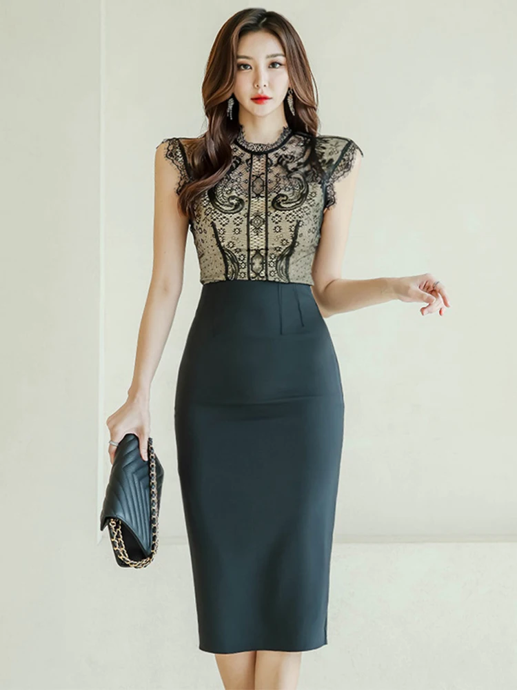 

New Summer Elegant Women Dress Lady Black Lace Stitching Sexy Sleeveless Wrap Hip Midi Pencil Party Mujer Vestido Street Clothes