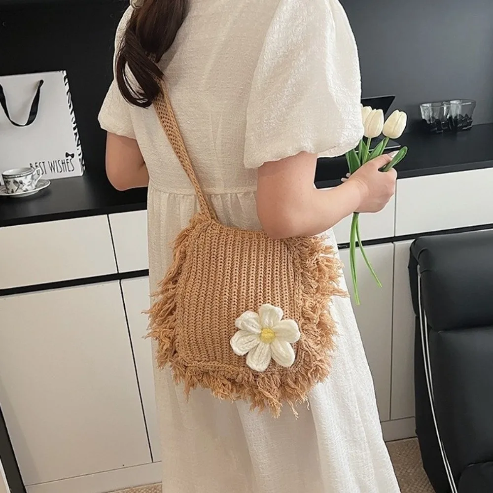 

Soft Flower Knitted Shoulder Bag Korean Style Large Capacity Crochet Tote Bag Solid Color Hollow Woven Handbag Women
