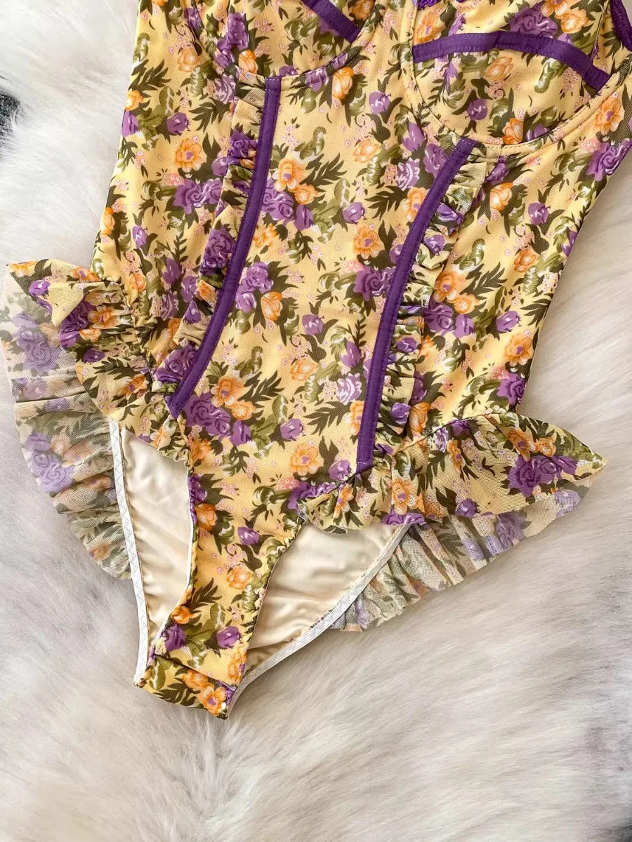 Foamlina-body de encaje Floral con cuello Halter para mujer, traje de baño ajustado con volantes a la moda de nicho europeo, traje de baño ajustado de una pieza