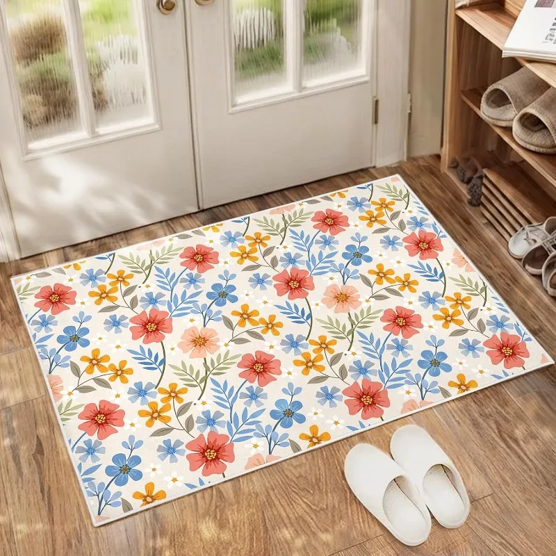 Colorful Floral Patterns Door Mat Pastoral Floral Theme Non Slip Entryway Rug Outdoor Indoor Home Decor Carpet for Hallway