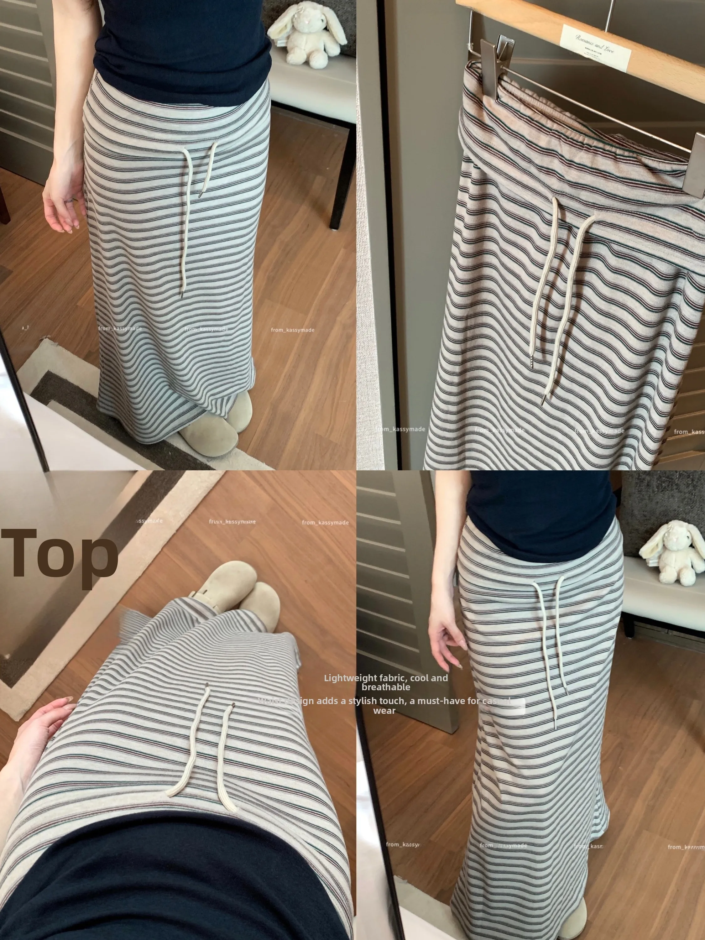 

Kumikumi Lazy Style Khaki Stripe Drawstring A-Line Skirt Women's Summer Elegant Draping Slimming High Waist Skirt