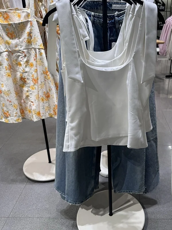 Spring New Sweet Sle Women's Top  Knot Decoration Square Collar Vest ort Length Faionable Casual Wear