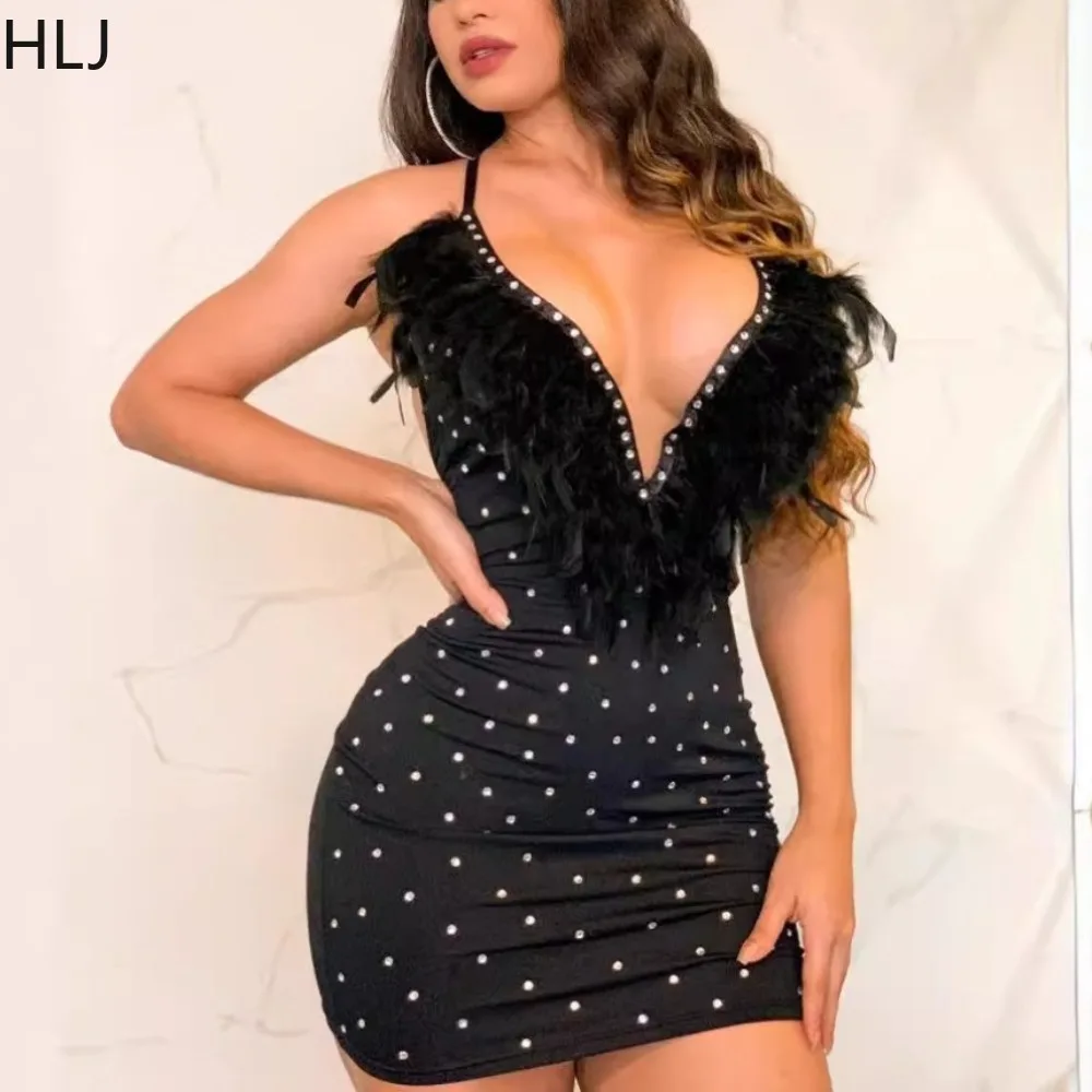 

HLJ Fashion Deep V Rhinestones Feather Bodycon Suspenders Dress Women Deep V Sleeveless Backless Party Vestidos Female Clothing