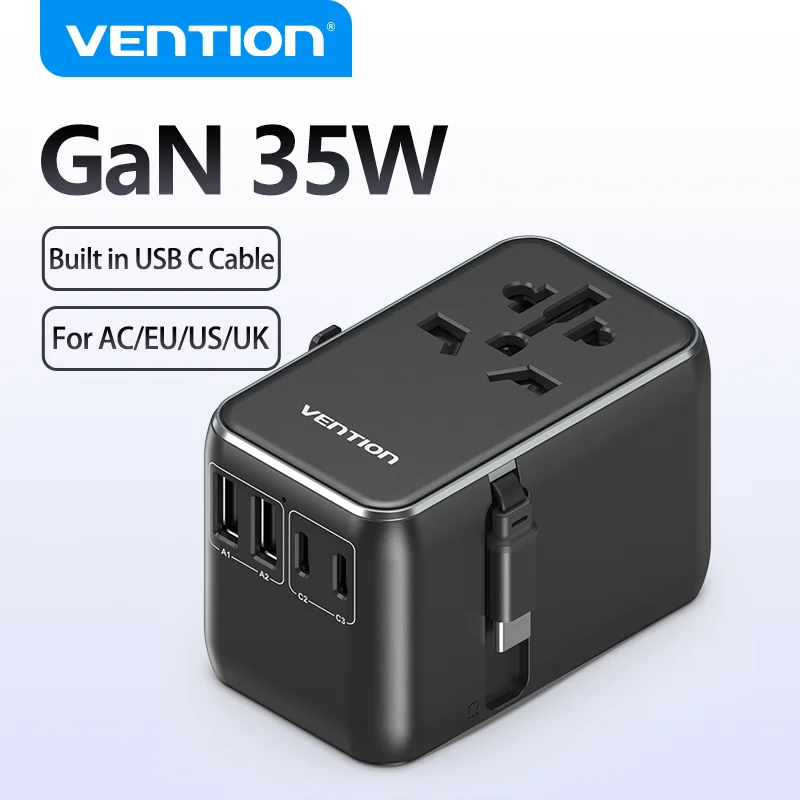 

Vention 35W Universal Travel Charger USB 65W GaN Charging with Built in USB C Cable for iPhone Samsung Wall Charger for USA EU