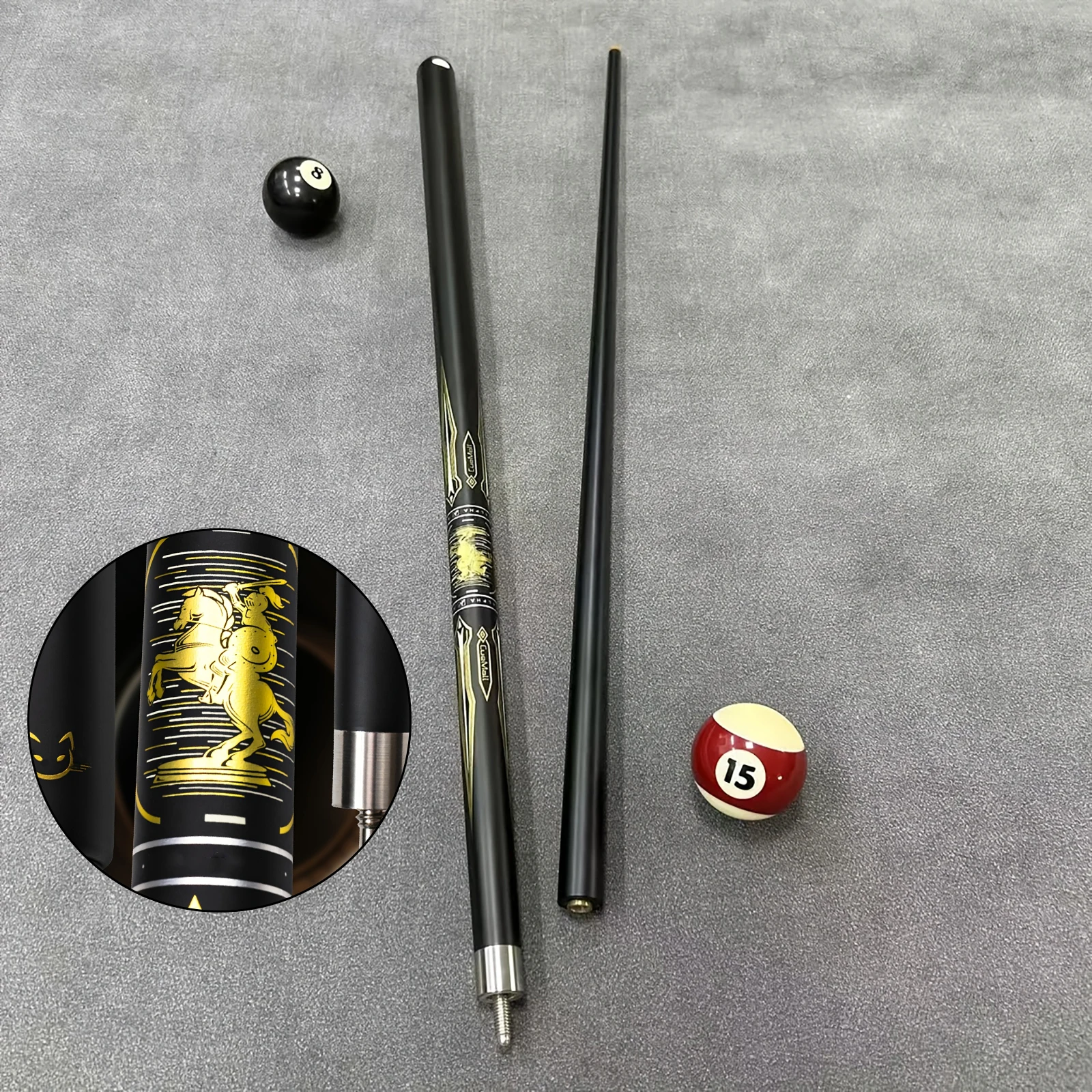 Centerpiece Stick - 58インチ 19オンス 2ピース カーボンファイバービリヤードキュー、ゴールデンナイトホースグラフィック入り、11.5mmミディアムチップ、屋内テーブルゲーム用