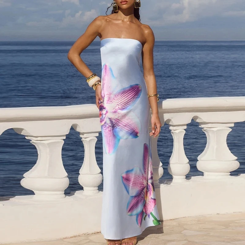 

New Summer Backless Evening Dress Fashion Floral Printed Strapless Slim Robes Elegant Women Sleeveless High Waist Banquet Dress