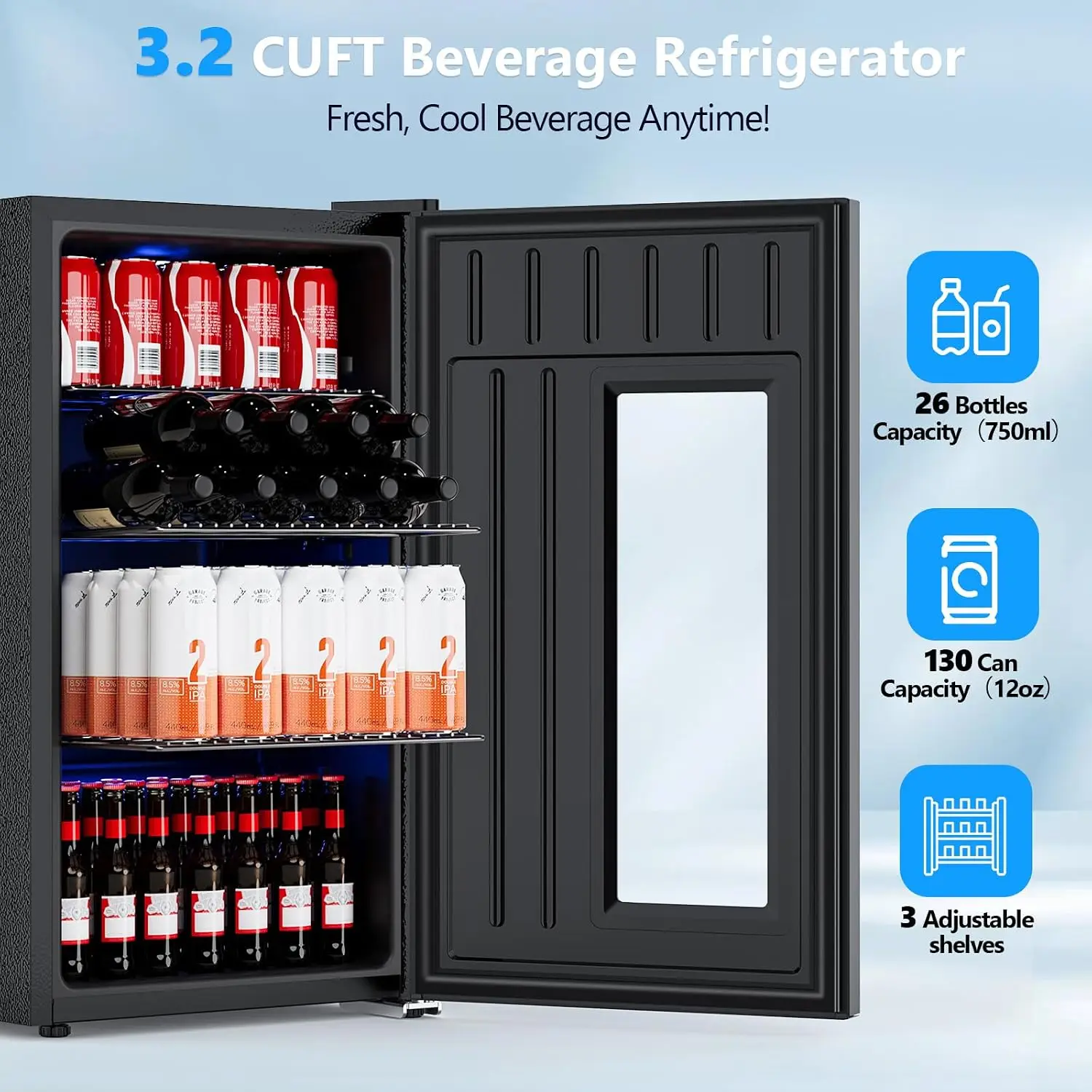 130 Can Beverage Refrigerator, 3.2 Cu Ft Beer Cooler with Adjustable Shelves, Precise 20°F-50°F Temperature Control, Uniform Cooling, Black, Ideal for Home Bar, Game Day, Mancave