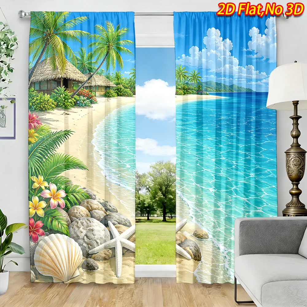 Tropical Beach Curtains, Palm Tree Ocean View Window Drapes, Seashell Starfish Decor, Blackout Fabric for Living Room
