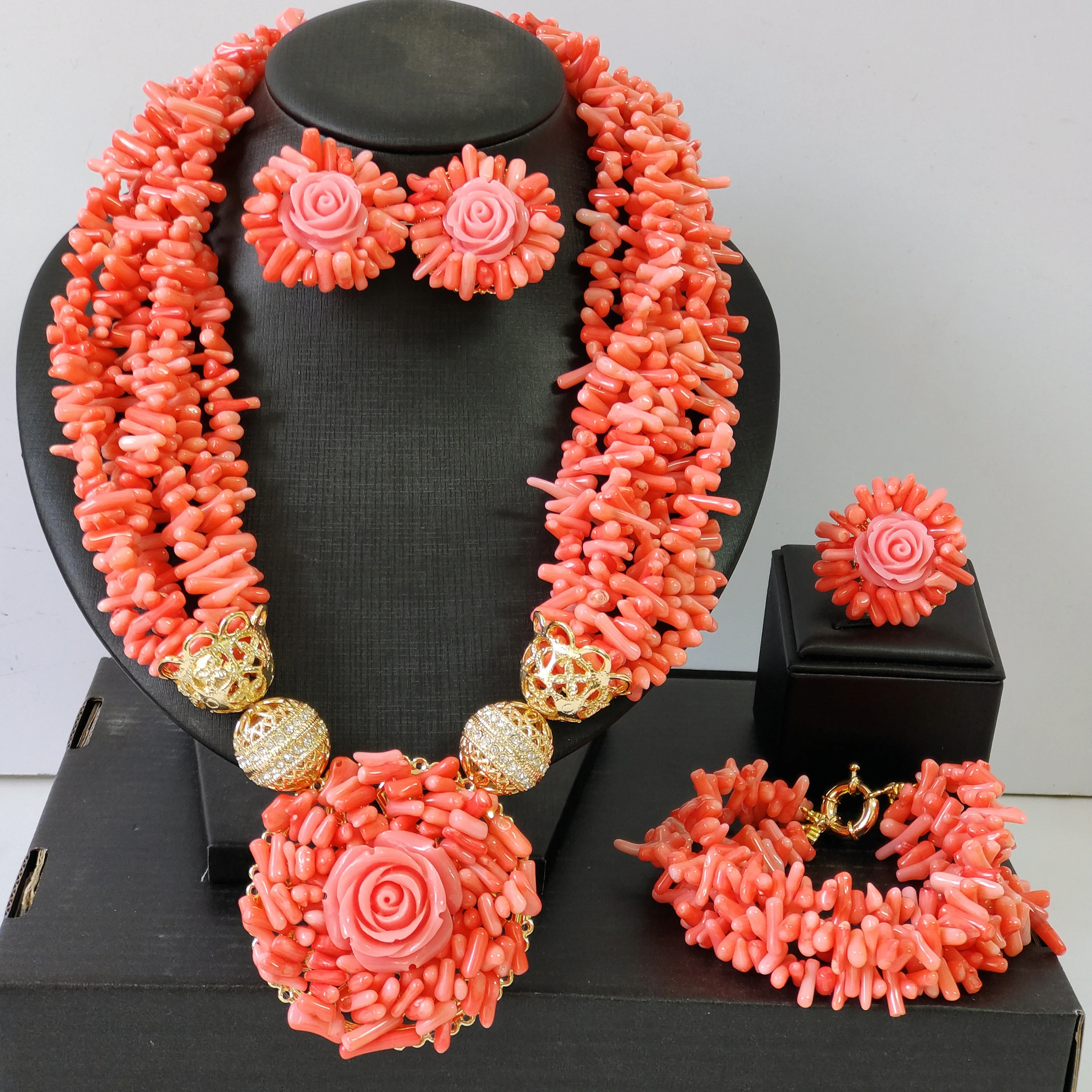 

Pink Flower Necklace Original Nigerian Coral Beads African Wedding Bride Jewelry Sets